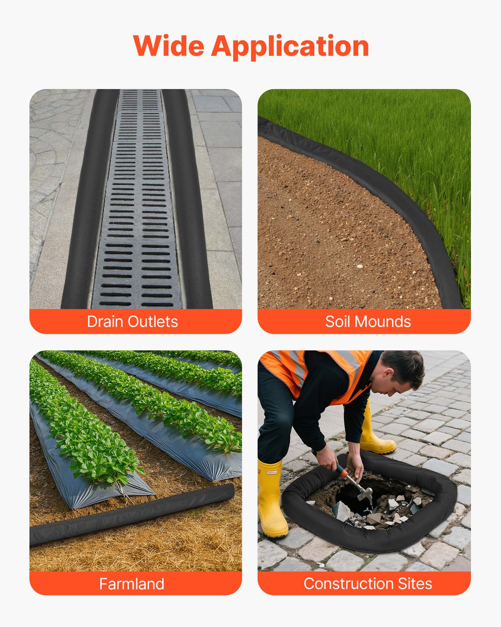 VEVOR Sediment Filter Sock, 4Pcs Erosion Control Socks Dia.127 mm x 3048 mm L Coverage, Polypropylene Filler, Flexible & Efficient Silt Fence Socks for Storm-Water Management, Drainage Protection