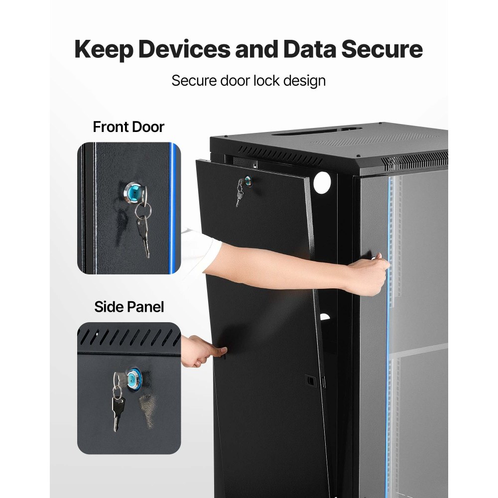 VEVOR 22U Network Cabinet Wall Mount, 600 mm Depth, 136 kg Max Load Capacity Server Cabinet Rack Enclosure with Locking Tempered Glass Door, Side Panels, Server Rack for IT Equipment, A/V Devices