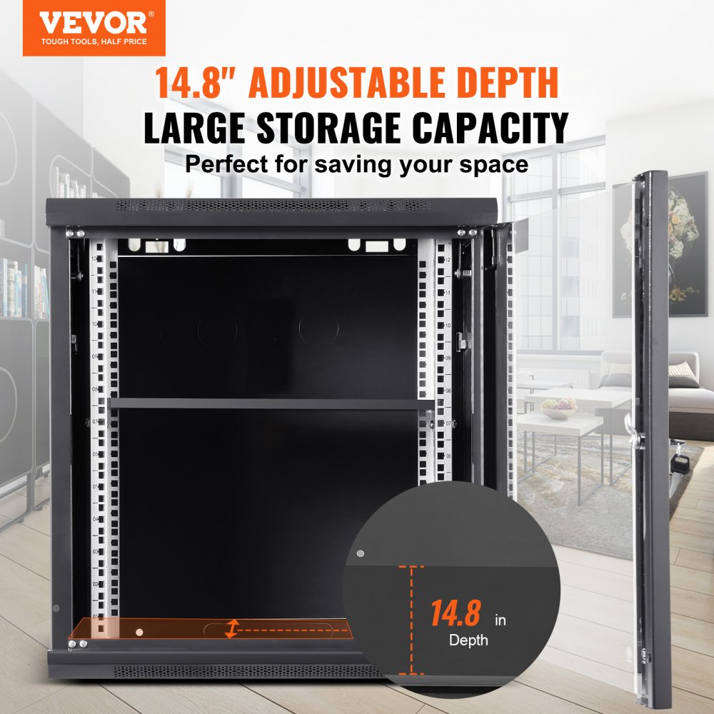 VEVOR Wall Mount Network Server Cabinet, 393.7 mm Deep, Server Rack Cabinet Enclosure, 90.72 kg Max. Ground-mounted Load Capacity, with Locking Glass Door Side Panels, for IT Equipment, A/V Devices