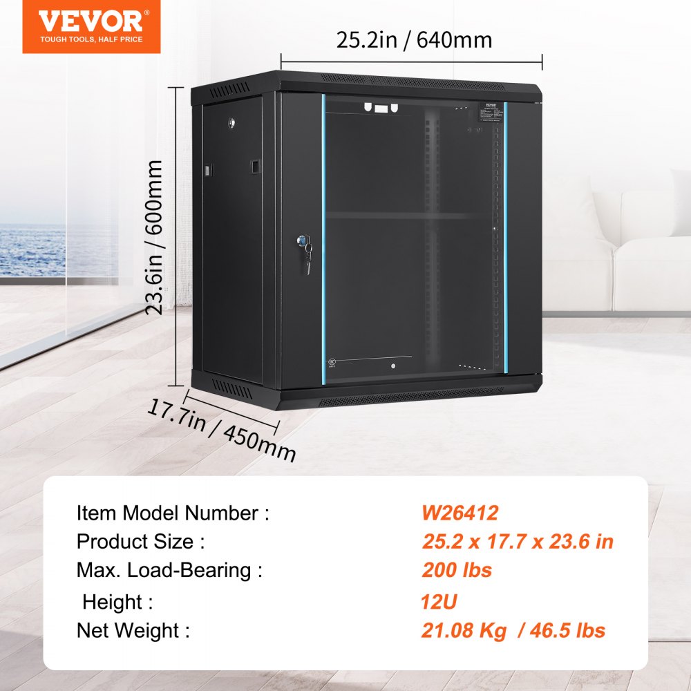 VEVOR Wall Mount Network Server Cabinet, 393.7 mm Deep, Server Rack Cabinet Enclosure, 90.72 kg Max. Ground-mounted Load Capacity, with Locking Glass Door Side Panels, for IT Equipment, A/V Devices