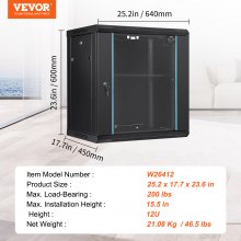 VEVOR Wall Mount Network Server Cabinet, 393.7 mm Deep, Server Rack Cabinet Enclosure, 90.72 kg Max. Ground-mounted Load Capacity, with Locking Glass Door Side Panels, for IT Equipment, A/V Devices