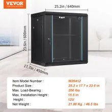 VEVOR 12U Wall Mount Network Server Cabinet, 15.5'' Deep, Server Rack Cabinet Enclosure, 200 lbs Max. Ground-mounted Load Capacity, with Locking Glass Door Side Panels, for IT Equipment, A/V Devices