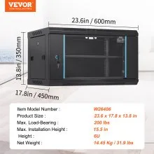 VEVOR 6U Wall Mount Network Server Cabinet, 39.4 cm Deep, Server Rack Cabinet Enclosure, 90.7 kg Max. Ground-mounted Load Capacity, with Locking Glass Door Side Panels, for IT Equipment, A/V Devices