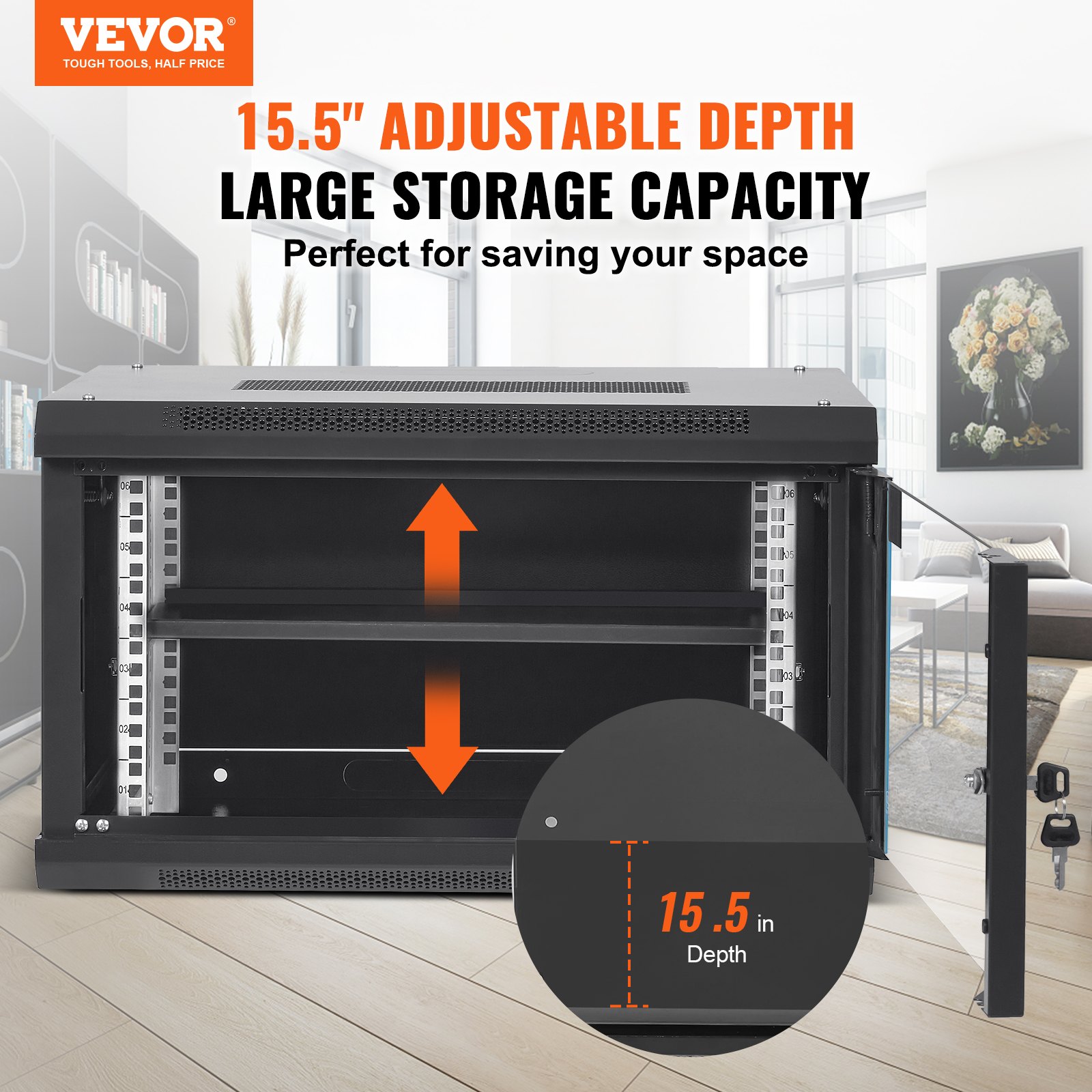 VEVOR 6U Wall Mount Network Server Cabinet, 39.4 cm Deep, Server Rack Cabinet Enclosure, 90.7 kg Max. Ground-mounted Load Capacity, with Locking Glass Door Side Panels, for IT Equipment, A/V Devices