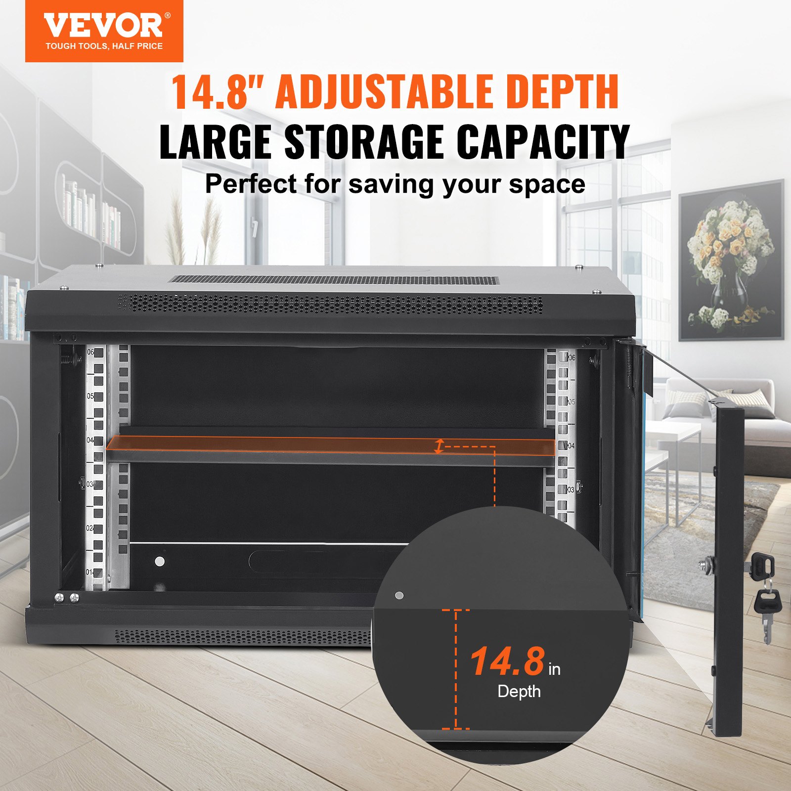 VEVOR 6U Wall Mount Network Server Cabinet, 15.5'' Deep, Server Rack Cabinet Enclosure, 200 lbs Max. Ground-mounted Load Capacity, with Locking Glass Door Side Panels, for IT Equipment, A/V Devices