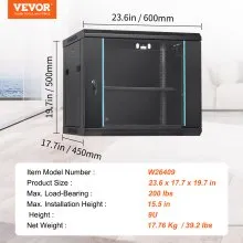 VEVOR 9U Wall Mount Network Server Cabinet, 39.4 cm Deep, Server Rack Cabinet Enclosure, 90.7 kg Max. Ground-mounted Load Capacity, with Locking Glass Door Side Panels, for IT Equipment, A/V Devices