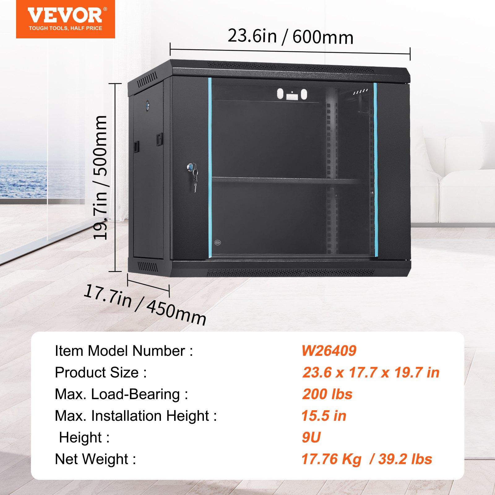 VEVOR 9U Wall Mount Network Server Cabinet, 60x45x50cm, 39.4 cm Deep, Server Rack Cabinet Enclosure, 90.7 kg Max. Ground-mounted Load Capacity, with Locking Glass Door Side Panels, for IT Equipment, A/V Devices