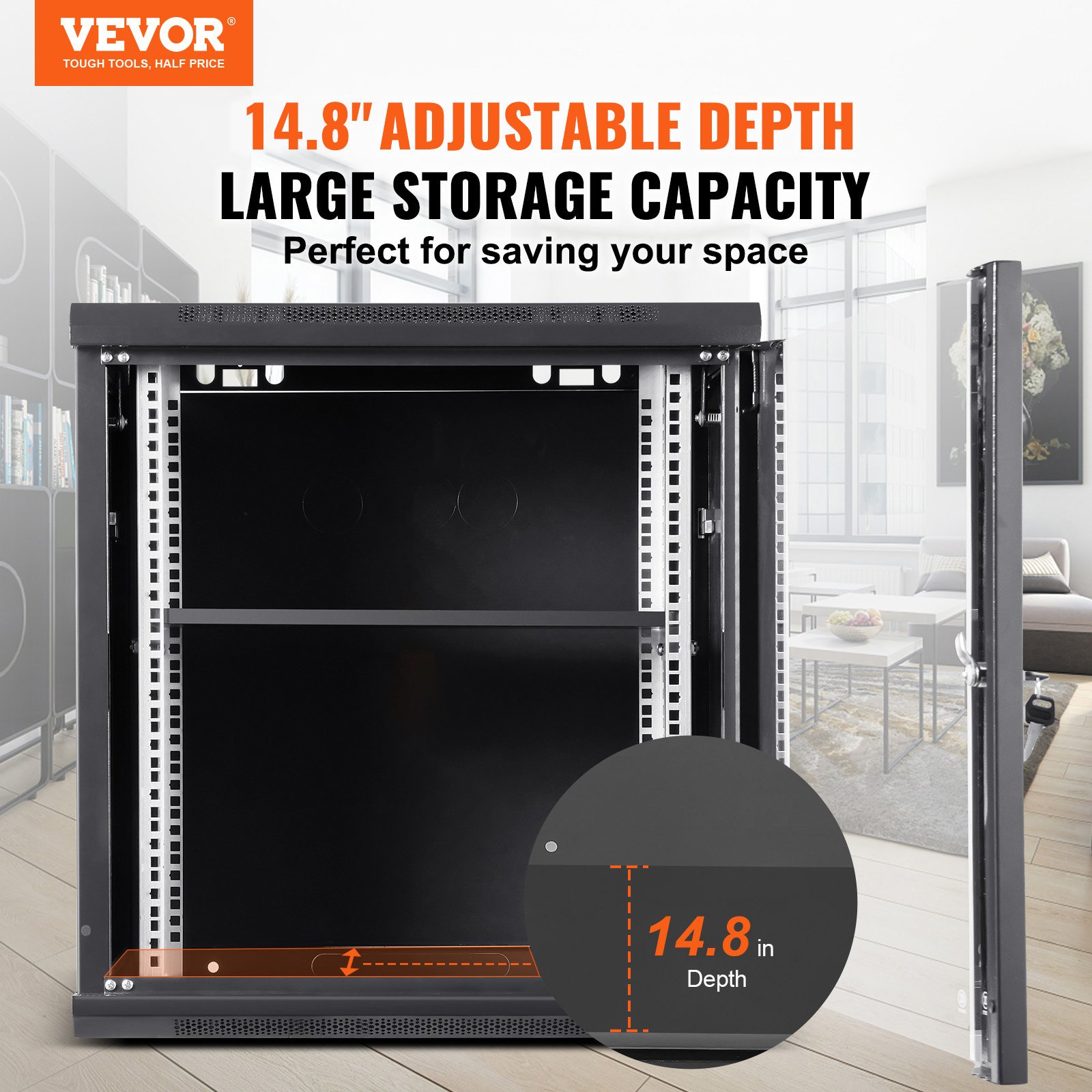VEVOR 9U Wall Mount Network Server Cabinet, 39.37 cm Deep, Server Rack Cabinet Enclosure, 90.7 kg Max. Ground-mounted Load Capacity, with Locking Glass Door Side Panels, for IT Equipment, A/V Devices