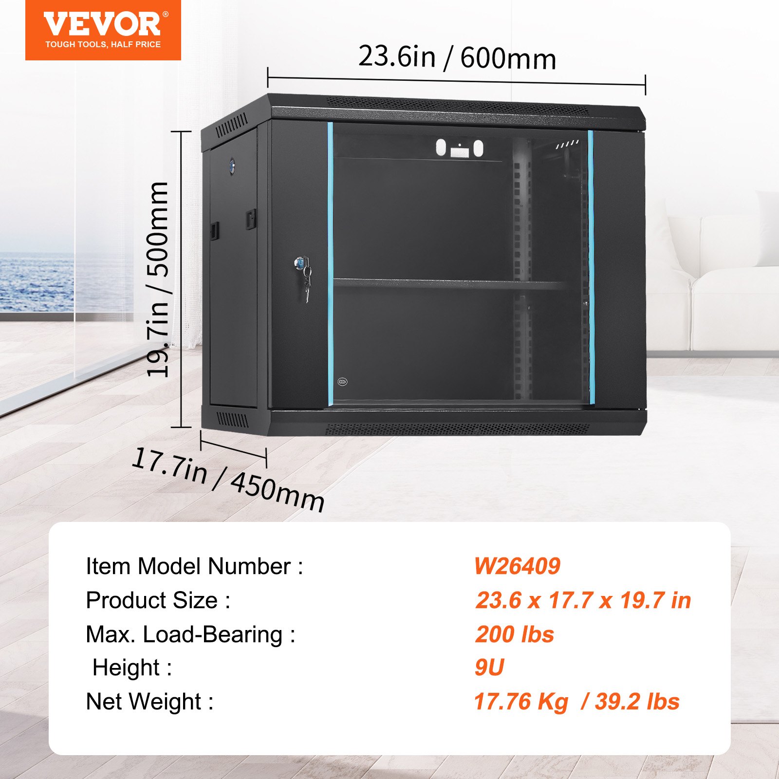 VEVOR 9U Wall Mount Network Server Cabinet, 39.37 cm Deep, Server Rack Cabinet Enclosure, 90.7 kg Max. Ground-mounted Load Capacity, with Locking Glass Door Side Panels, for IT Equipment, A/V Devices