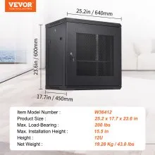 VEVOR 12U Wall Mount Network Server Cabinet, 15.5'' Deep, Server Rack Cabinet Enclosure, 200 lbs Max. Ground-mounted Load Capacity, with Locking Door Side Panels, for IT Equipment, A/V Devices