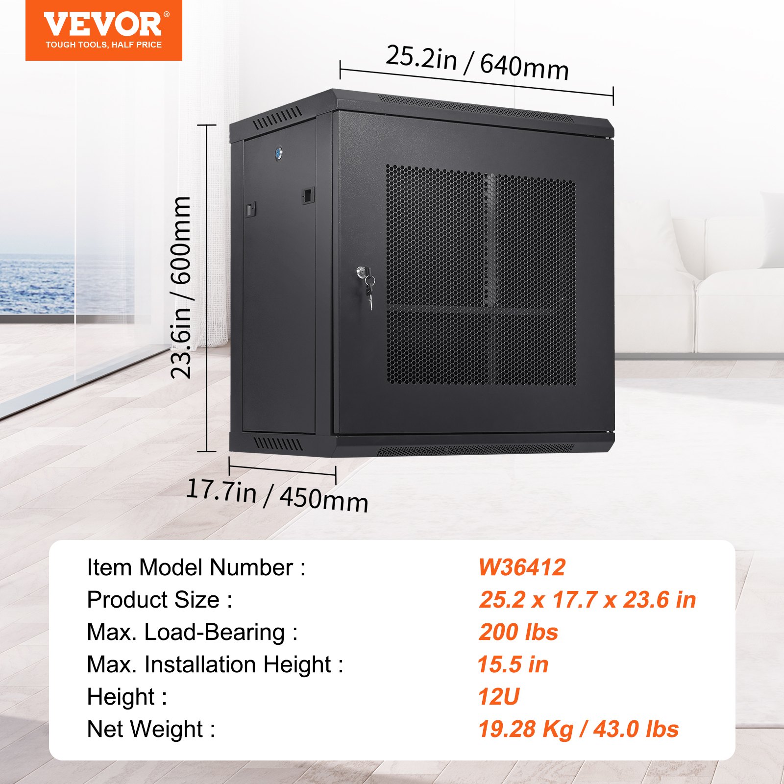 VEVOR 12U Wall Mount Network Server Cabinet, 39.4cm/15.5" Deep, Server Rack Cabinet Enclosure, 90kg/200 lbs Max. Ground-mounted Load Capacity, with Locking Door Side Panels, for IT Equipment, A/V Devices