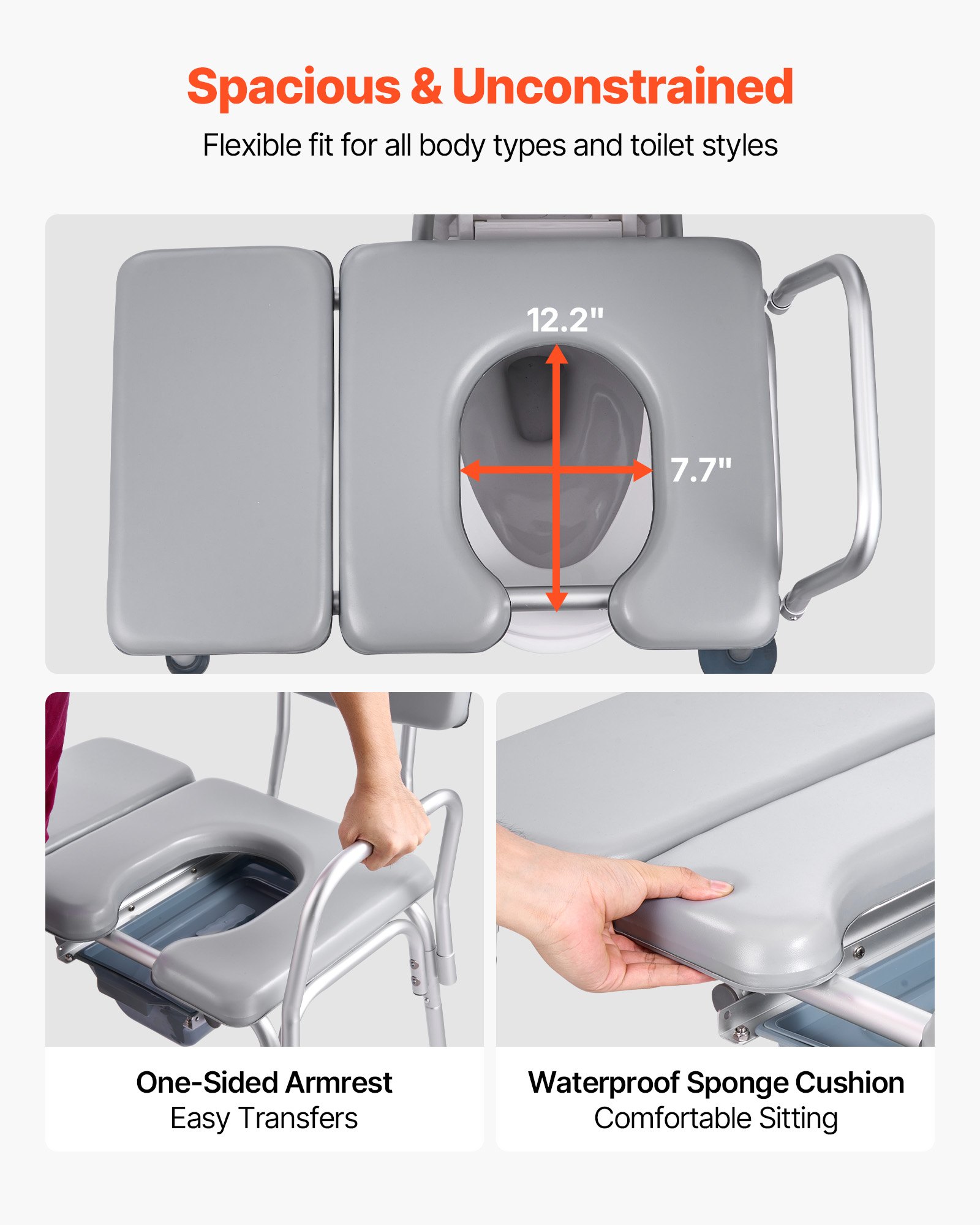 VEVOR Bedside Commode Chair, 227 kg Weight Capacity, 4-in-1 Portable Toilet and Raised Toilet Seat with Padded Seat and Backrest, Detachable 5L Bucket, Adjustable Height Adult Potty Chair for Seniors