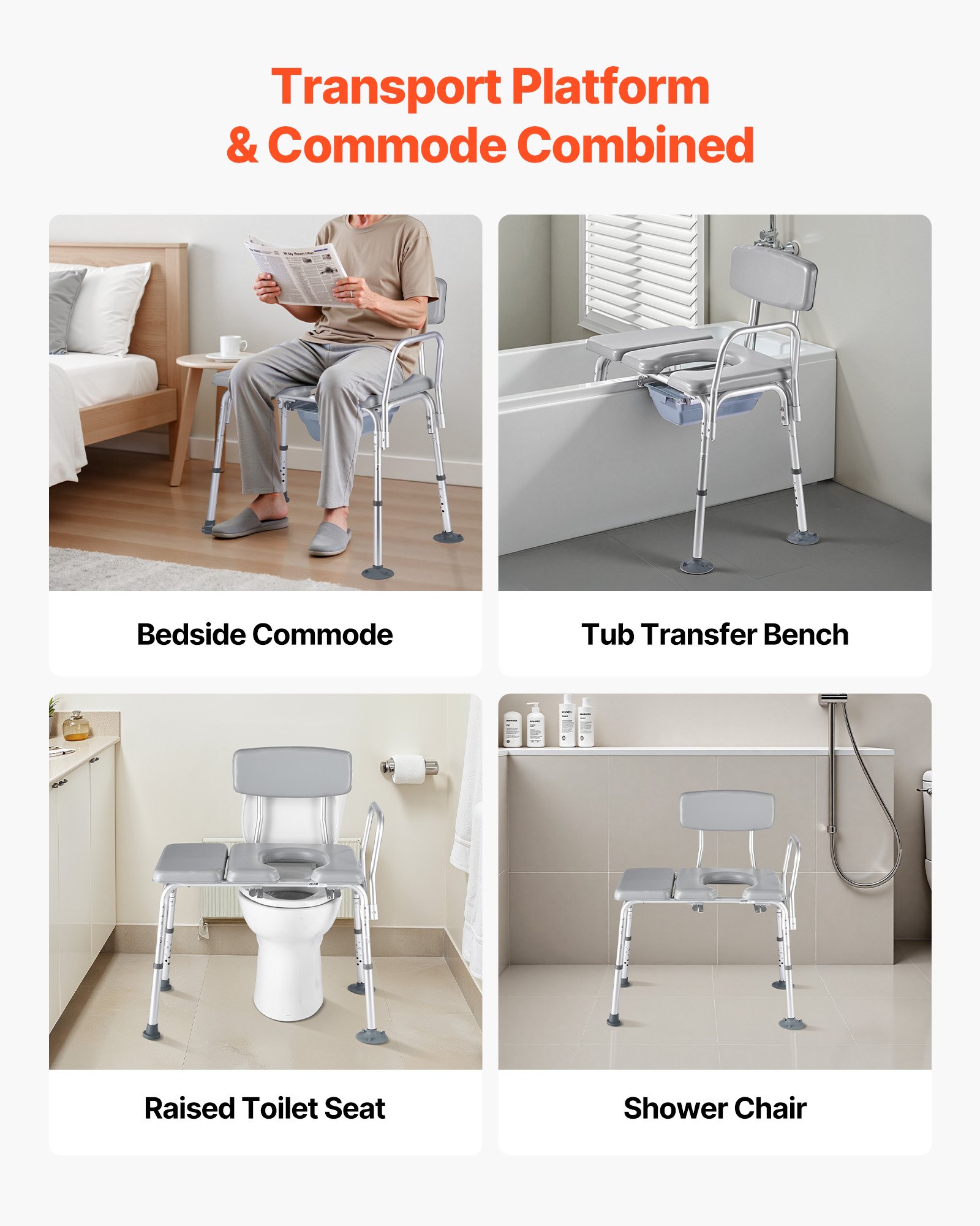 VEVOR Bedside Commode Chair, 227 kg Weight Capacity, 4-in-1 Portable Toilet and Raised Toilet Seat with Padded Seat and Backrest, Detachable 5L Bucket, Adjustable Height Adult Potty Chair for Seniors