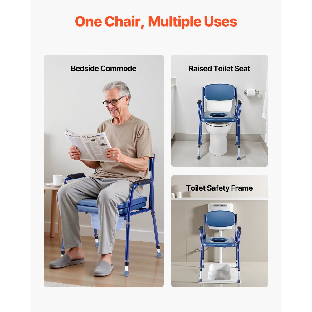 VEVOR Bedside Commode Chair, 181 kg Weight Capacity, 3-in-1 Portable Toilet and Raised Toilet Seat with Padded Seat and Backrest, Detachable 5L Bucket, Adjustable Height Adult Potty Chair for Seniors