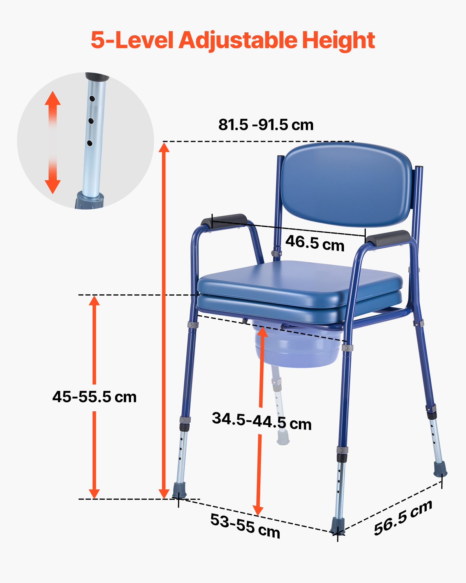 VEVOR Bedside Commode Chair, 181 kg Weight Capacity, 3-in-1 Portable Toilet and Raised Toilet Seat with Padded Seat and Backrest, Detachable 5L Bucket, Adjustable Height Adult Potty Chair for Seniors