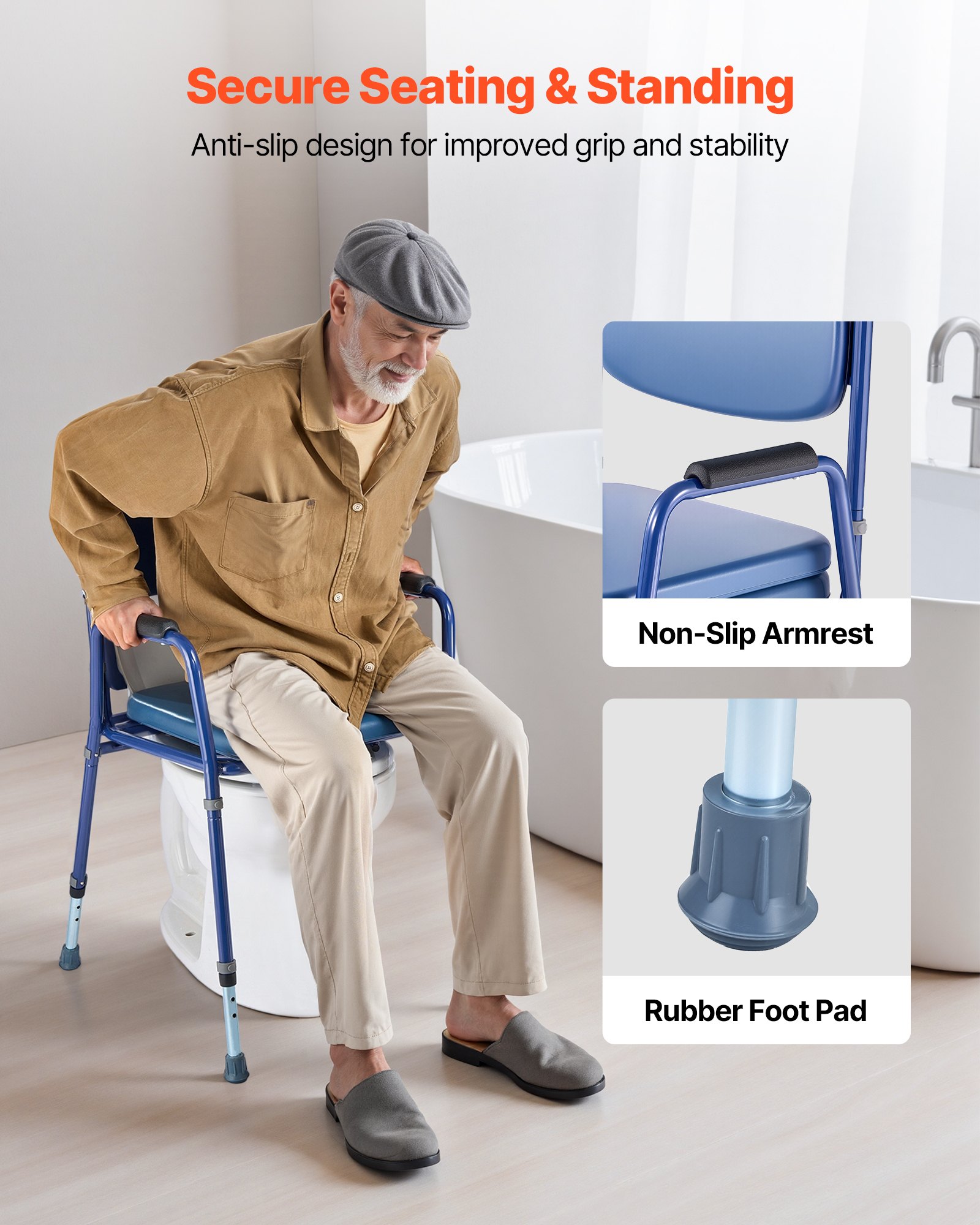 VEVOR Bedside Commode Chair, 181 kg Weight Capacity, 3-in-1 Portable Toilet and Raised Toilet Seat with Padded Seat and Backrest, Detachable 5L Bucket, Adjustable Height Adult Potty Chair for Seniors