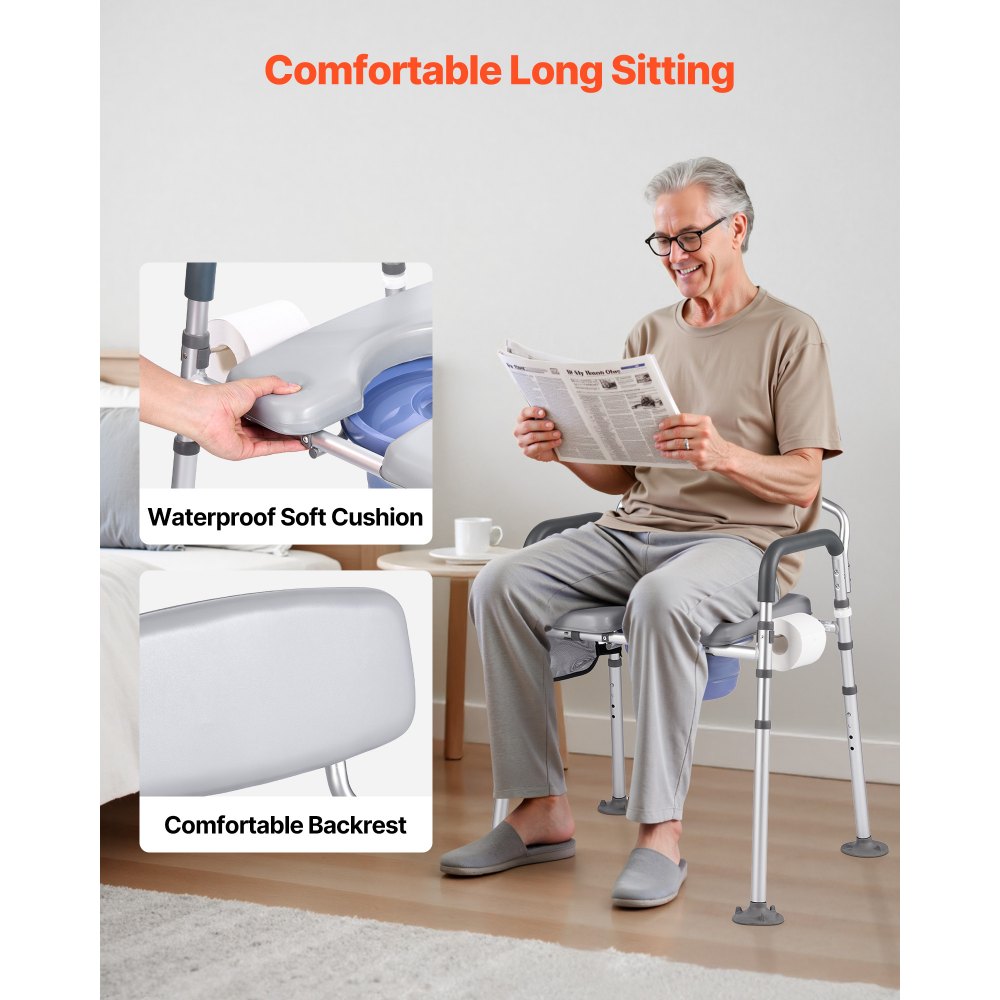 VEVOR Bedside Commode Chair, 227 kg Capacity, 4-in-1 Portable Toilet and Raised Toilet Seat with Padded Seat & Backrest, Detachable 5L Bucket, Adjustable Height & Width Adult Potty Chair for Seniors