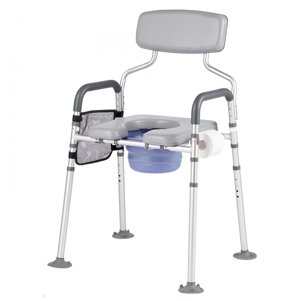VEVOR Bedside Commode Chair, 227 kg Capacity, 4-in-1 Portable Toilet and Raised Toilet Seat with Padded Seat & Backrest, Detachable 5L Bucket, Adjustable Height & Width Adult Potty Chair for Seniors