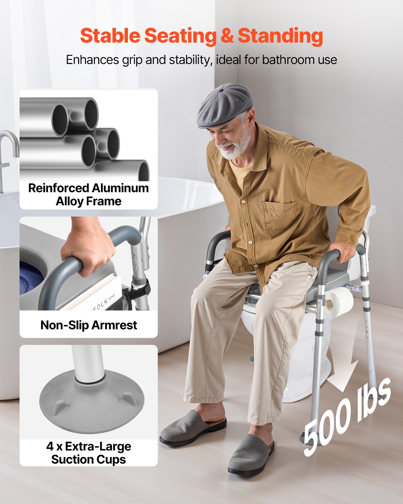 VEVOR Bedside Commode Chair, 227 kg Capacity, 4-in-1 Portable Toilet and Raised Toilet Seat with Padded Seat & Backrest, Detachable 5L Bucket, Adjustable Height & Width Adult Potty Chair for Seniors
