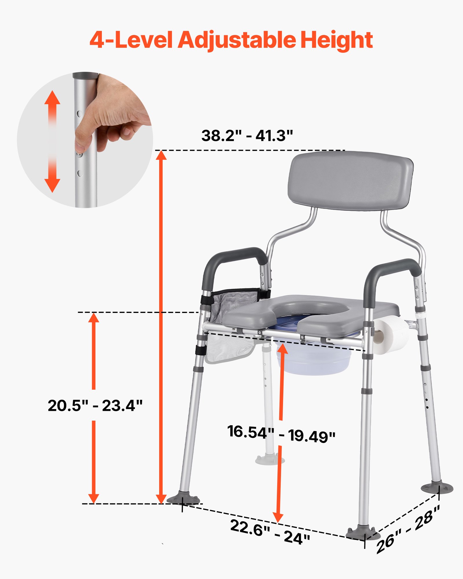 VEVOR Bedside Commode Chair, 227 kg Capacity, 4-in-1 Portable Toilet and Raised Toilet Seat with Padded Seat & Backrest, Detachable 5L Bucket, Adjustable Height & Width Adult Potty Chair for Seniors