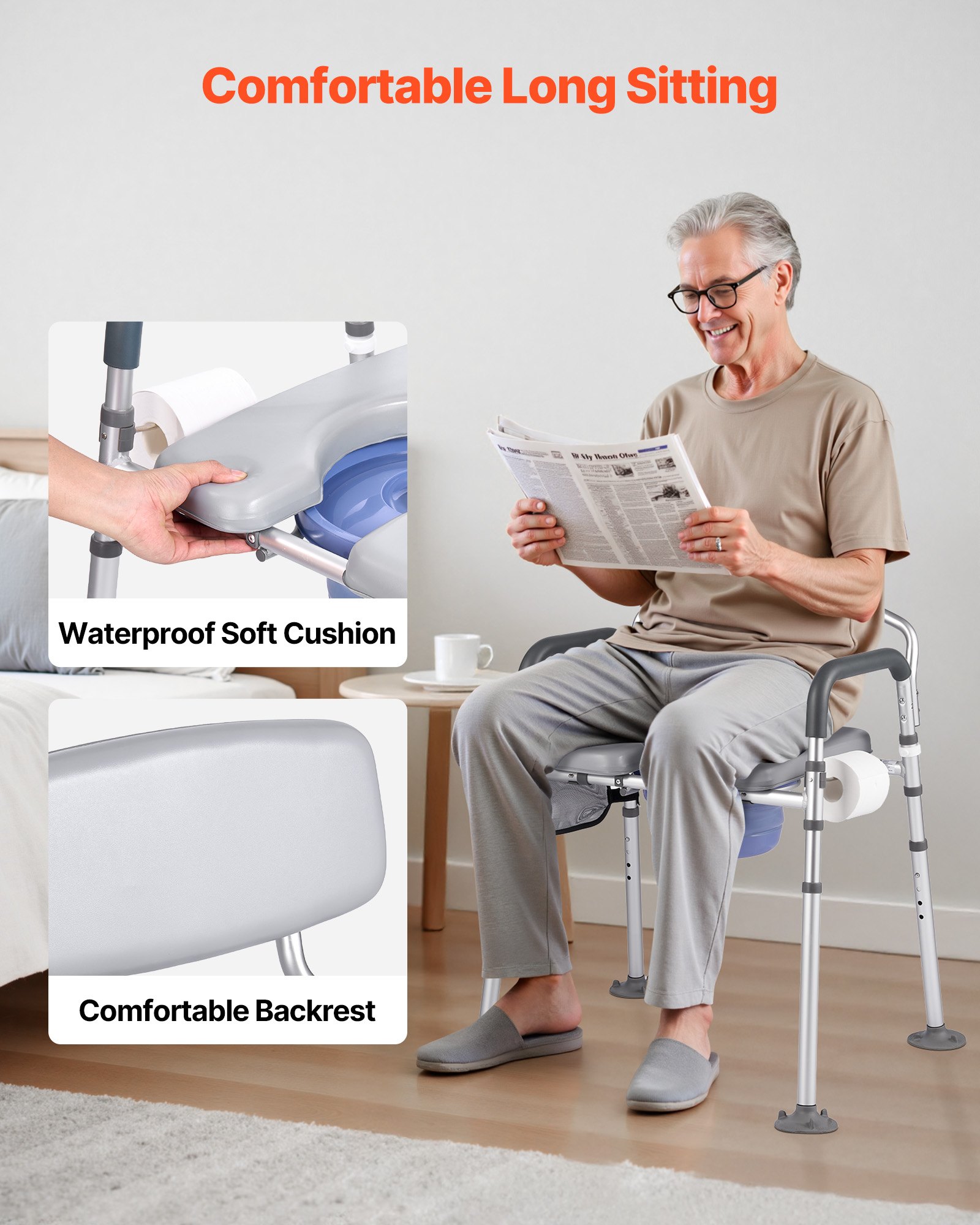 VEVOR Bedside Commode Chair, 227 kg Capacity, 4-in-1 Portable Toilet and Raised Toilet Seat with Padded Seat & Backrest, Detachable 5L Bucket, Adjustable Height & Width Adult Potty Chair for Seniors