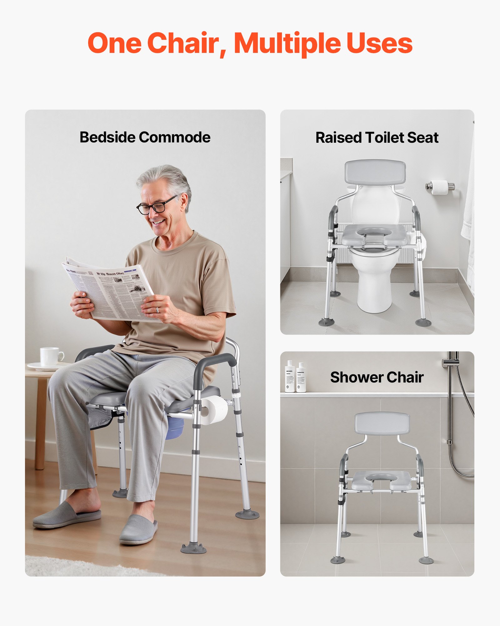 VEVOR Bedside Commode Chair, 227 kg Capacity, 4-in-1 Portable Toilet and Raised Toilet Seat with Padded Seat & Backrest, Detachable 5L Bucket, Adjustable Height & Width Adult Potty Chair for Seniors