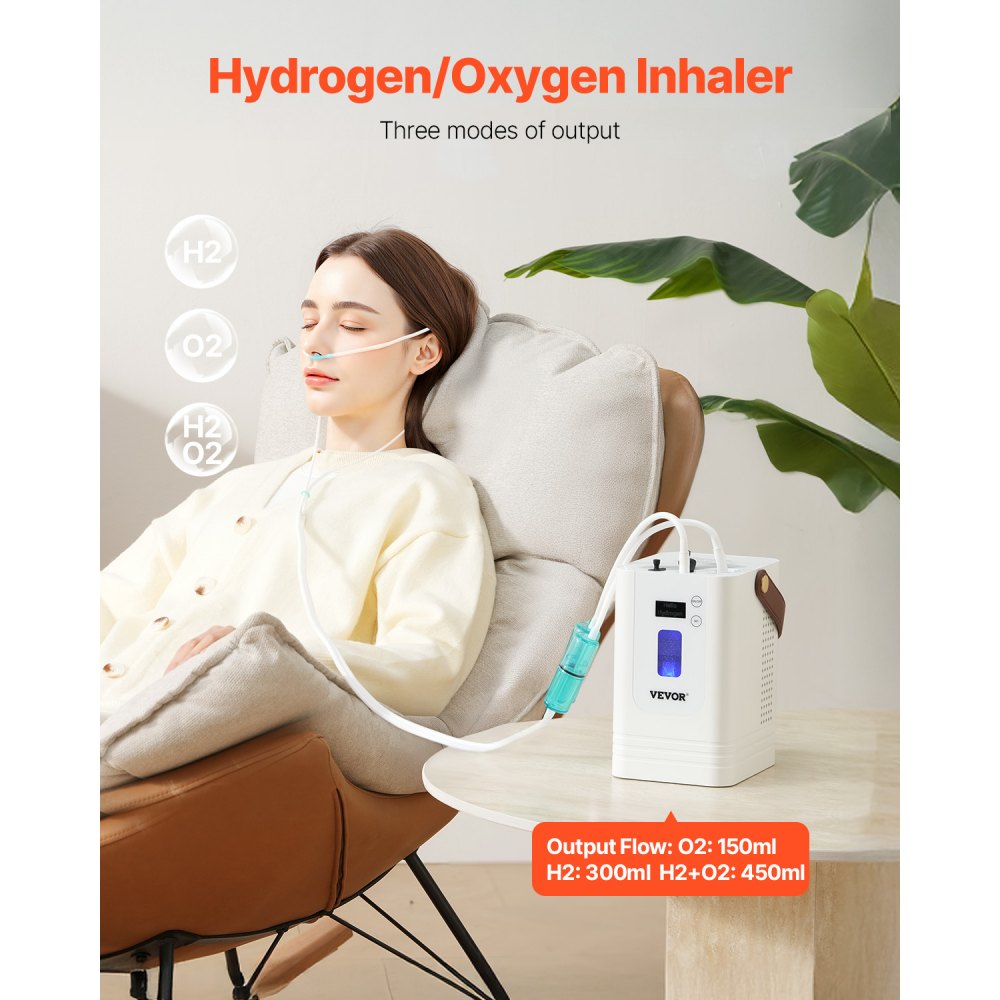 VEVOR Hydrogen Inhalation Machine, 99.99% High Purity Hydrogen Inhaler, HO-Separated 450ml/min (300 H+150 O) Three Ports Hydrogen Oxygen Inhaler, Hydrogen-Rich Water Generator for Home Travel