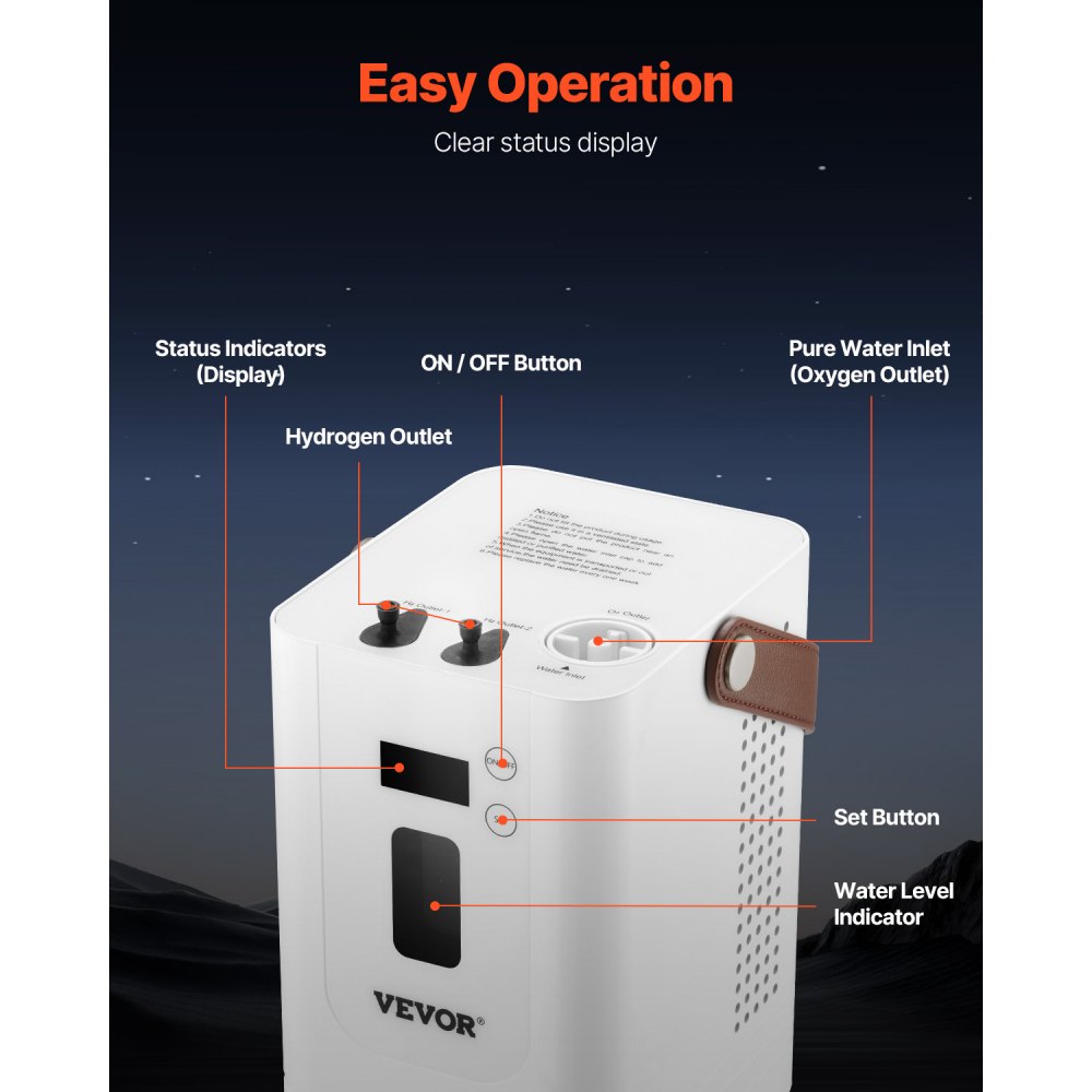 VEVOR Hydrogen Inhalation Machine, 99.99% High Purity Hydrogen Inhaler, HO-Separated 450ml/min (300 H+150 O) Three Ports Hydrogen Oxygen Inhaler, Hydrogen-Rich Water Generator for Home Travel