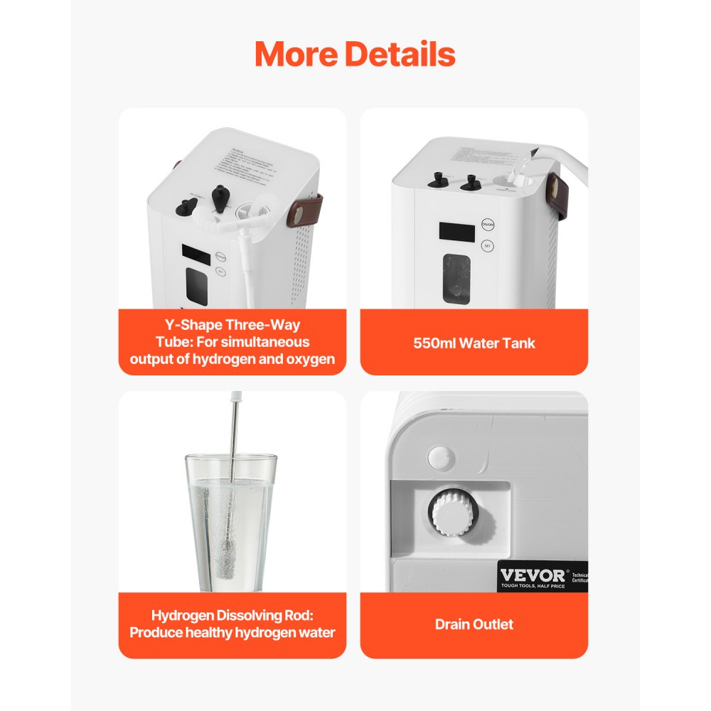 VEVOR Hydrogen Inhalation Machine, 99.99% High Purity Hydrogen Inhaler, HO-Separated 450ml/min (300 H+150 O) Three Ports Hydrogen Oxygen Inhaler, Hydrogen-Rich Water Generator for Home Travel