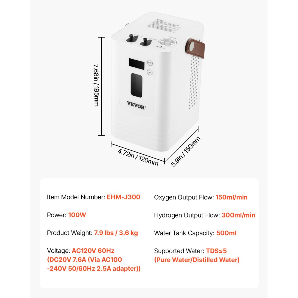 VEVOR Hydrogen Inhalation Machine, 99.99% High Purity Hydrogen Inhaler, HO-Separated 450ml/min (300 H+150 O) Three Ports Hydrogen Oxygen Inhaler, Hydrogen-Rich Water Generator for Home Travel