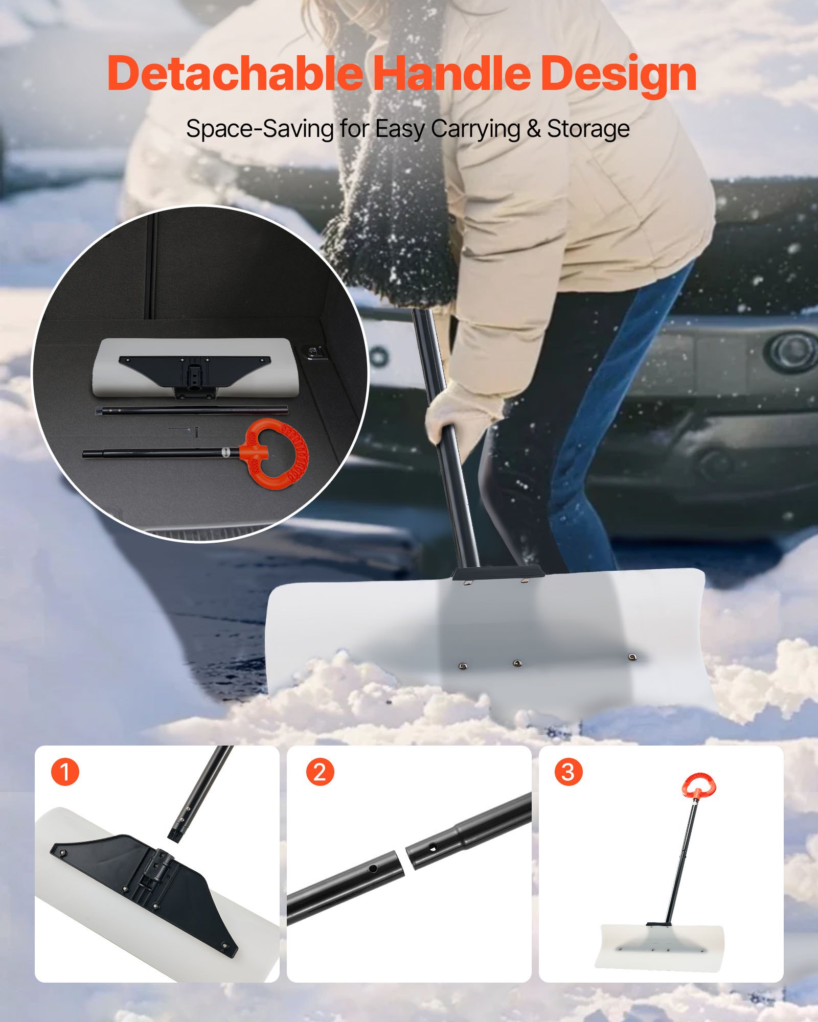 VEVOR Snow Pusher Shovel, 61 cm Wide Outdoor Snowplow Shovel with Ergonomic Grip, HDPE Plastic Blade, Winter Shovels with Segmented Handle, Portable Snow Removal Tool for Driveway Garden Camping