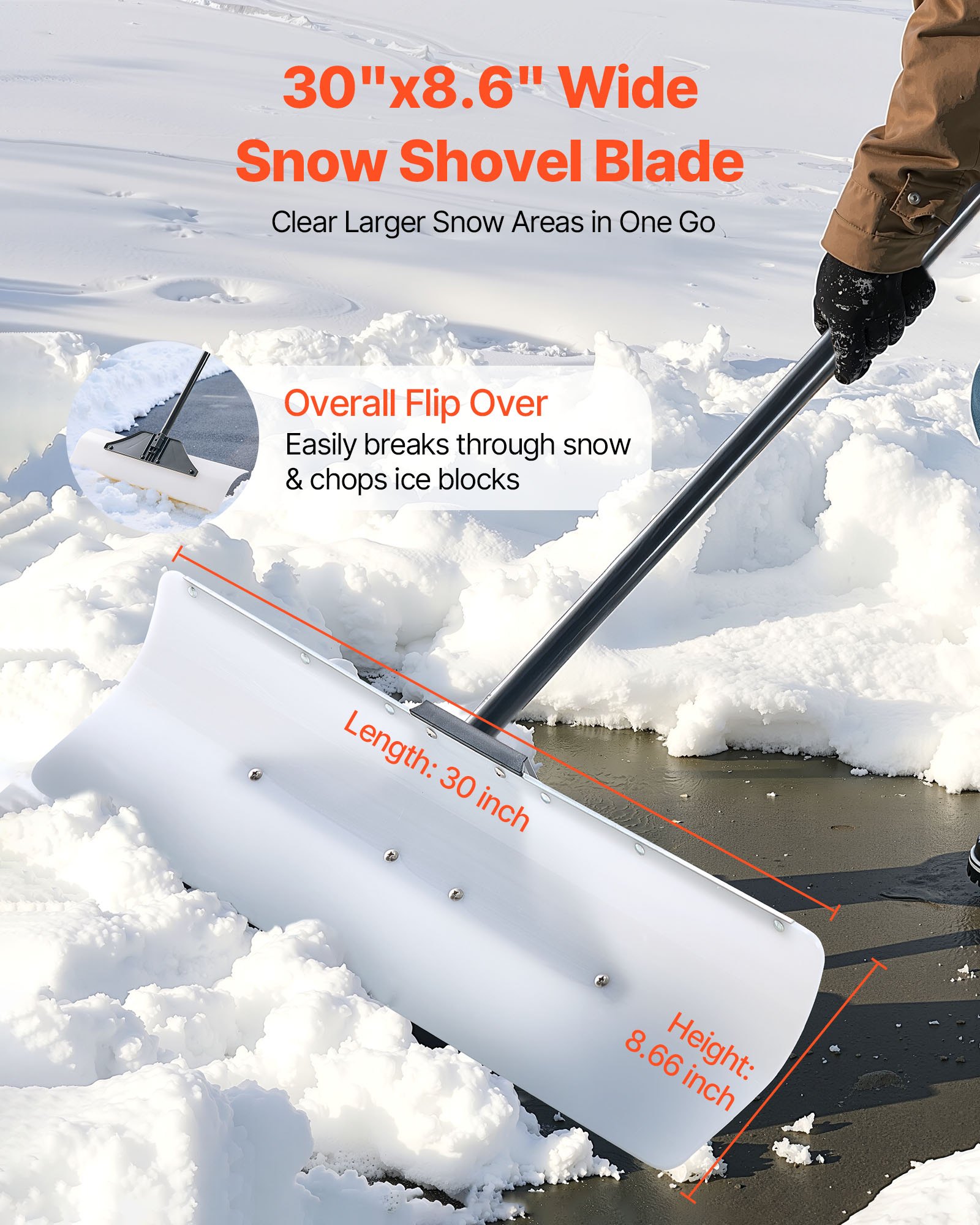 VEVOR Snow Pusher Shovel, 30 in Outdoor Snowplow Shovel with Ergonomic Grip, HDPE Plastic Blade, Winter Shovels with Segmented Handle, Metal Edged Strip, Portable Snow Removal Tool for Driveway Garden