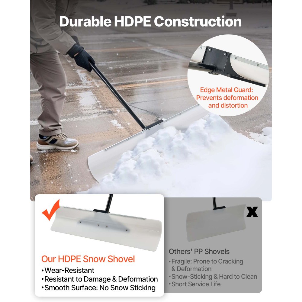 VEVOR Snow Pusher Shovel, 91.5 cm Outdoor Snowplow Shovel with Ergonomic Grip, HDPE Plastic Blade, Winter Shovels with Segmented Handle, Metal Edged Strip, Portable Snow Removal Tool for Driveway Garden