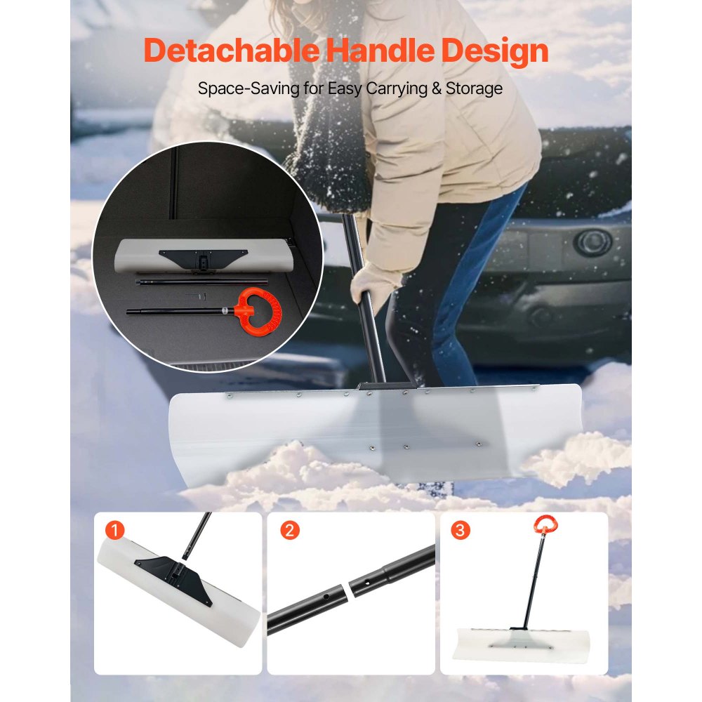 VEVOR Snow Pusher Shovel, 91.5 cm Outdoor Snowplow Shovel with Ergonomic Grip, HDPE Plastic Blade, Winter Shovels with Segmented Handle, Metal Edged Strip, Portable Snow Removal Tool for Driveway Garden