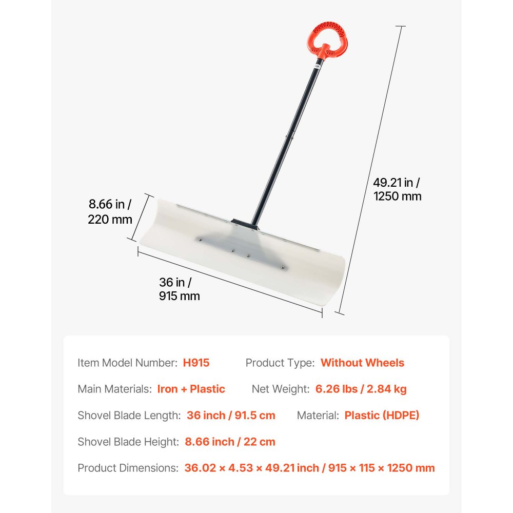 VEVOR Snow Pusher Shovel, 91.5 cm Outdoor Snowplow Shovel with Ergonomic Grip, HDPE Plastic Blade, Winter Shovels with Segmented Handle, Metal Edged Strip, Portable Snow Removal Tool for Driveway Garden