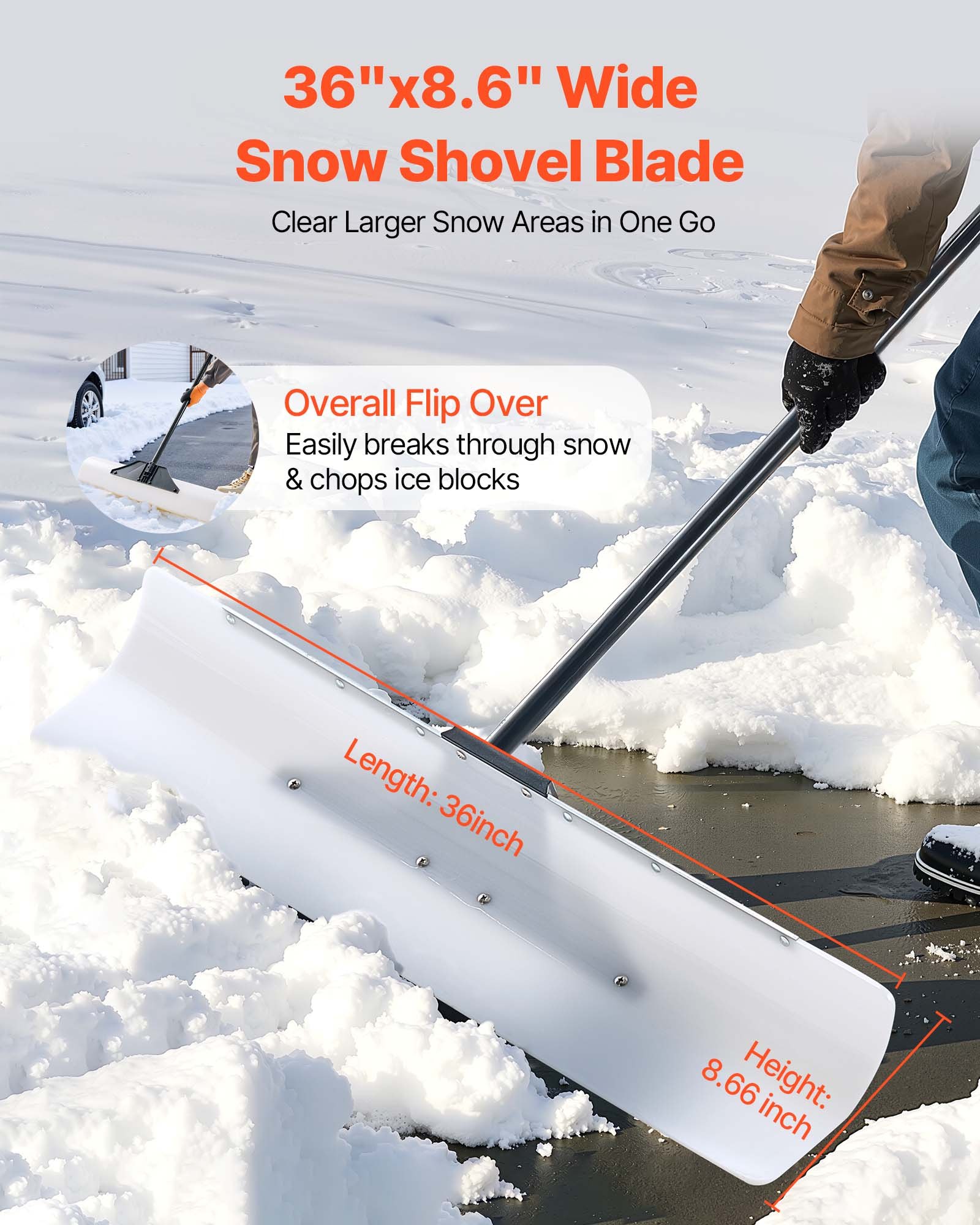 VEVOR Snow Pusher Shovel, 91.5 cm Outdoor Snowplow Shovel with Ergonomic Grip, HDPE Plastic Blade, Winter Shovels with Segmented Handle, Metal Edged Strip, Portable Snow Removal Tool for Driveway Garden