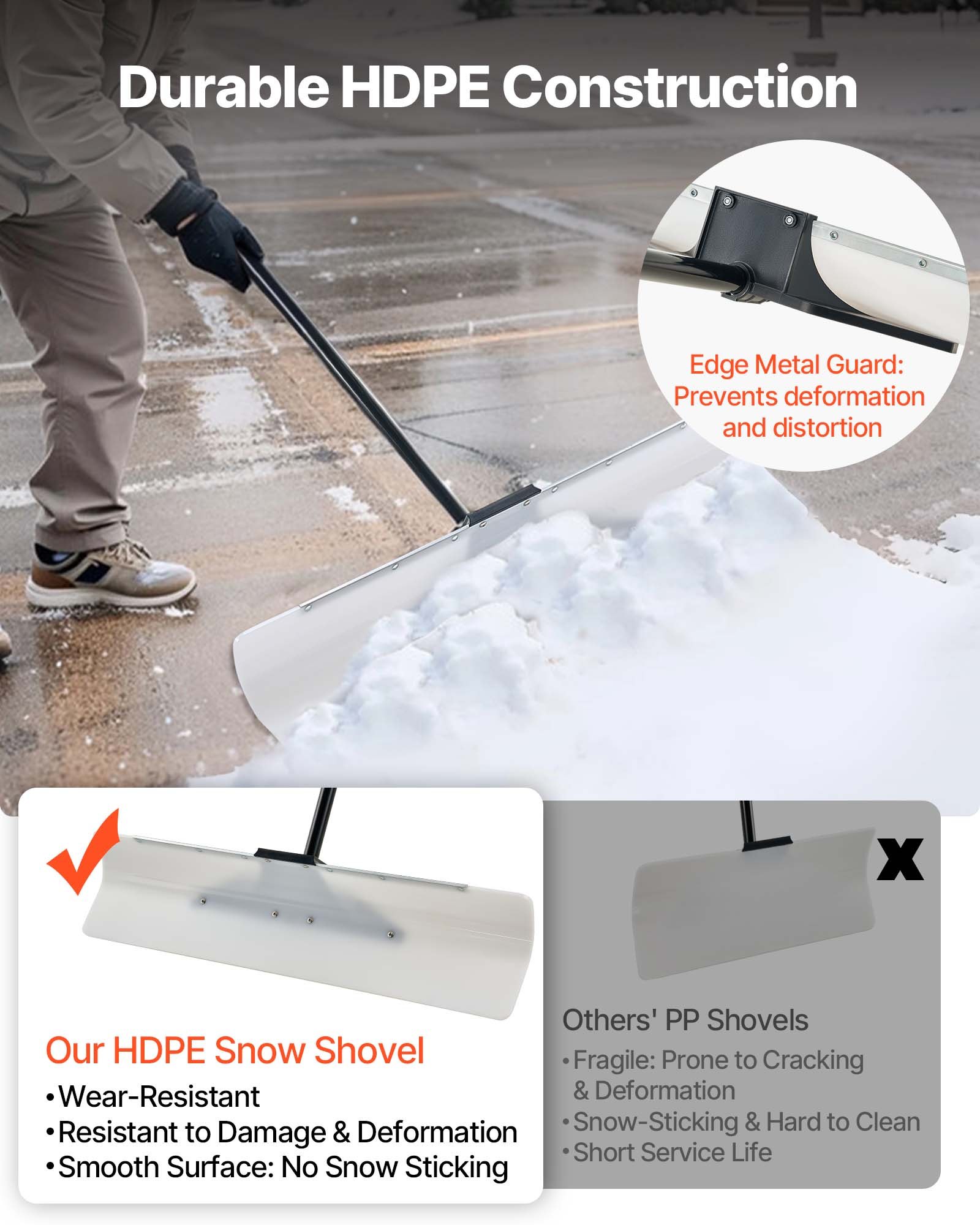 VEVOR Snow Pusher Shovel, 91.5 cm Outdoor Snowplow Shovel with Ergonomic Grip, HDPE Plastic Blade, Winter Shovels with Segmented Handle, Metal Edged Strip, Portable Snow Removal Tool for Driveway Garden