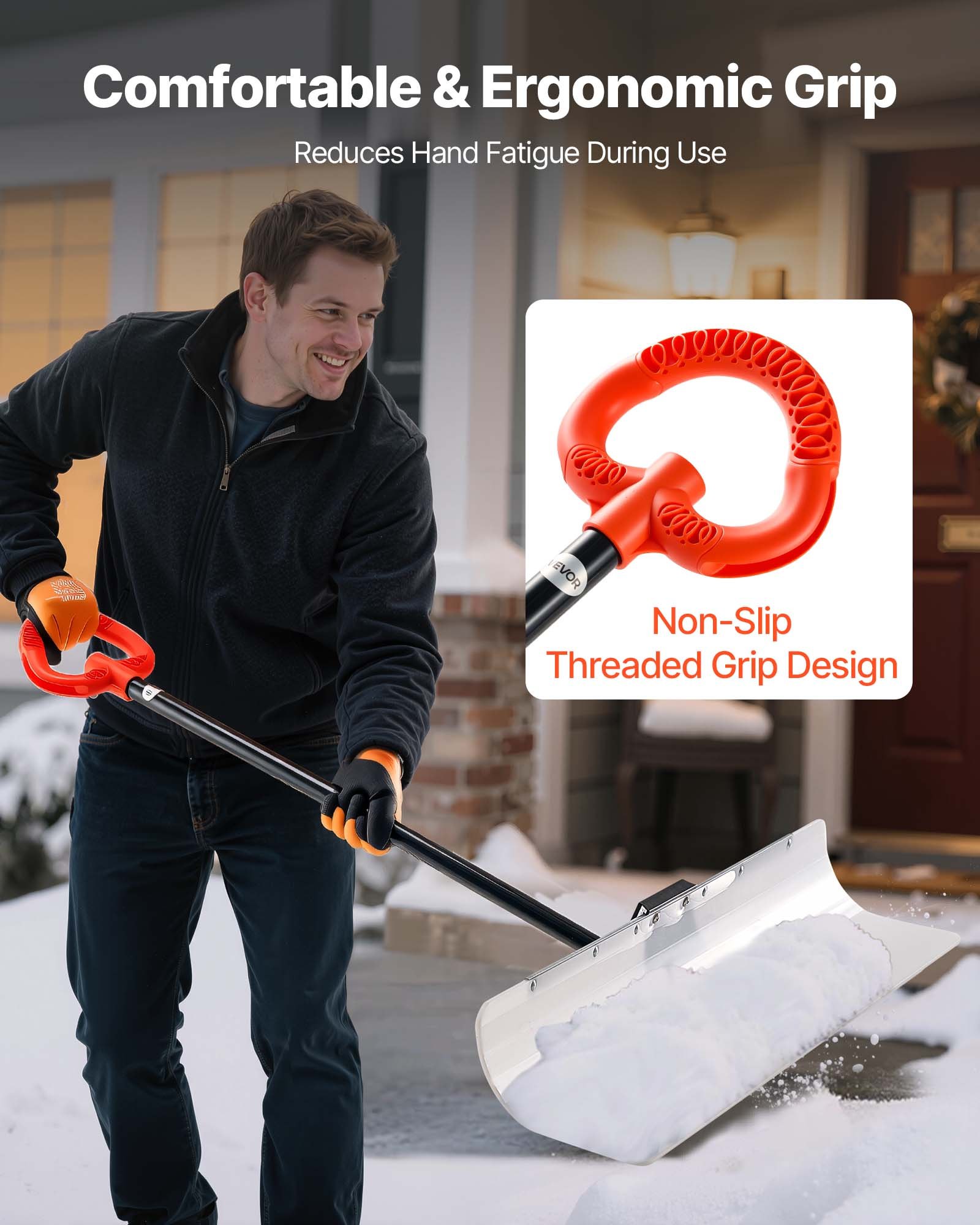 VEVOR Snow Pusher Shovel, 91.5 cm Outdoor Snowplow Shovel with Ergonomic Grip, HDPE Plastic Blade, Winter Shovels with Segmented Handle, Metal Edged Strip, Portable Snow Removal Tool for Driveway Garden