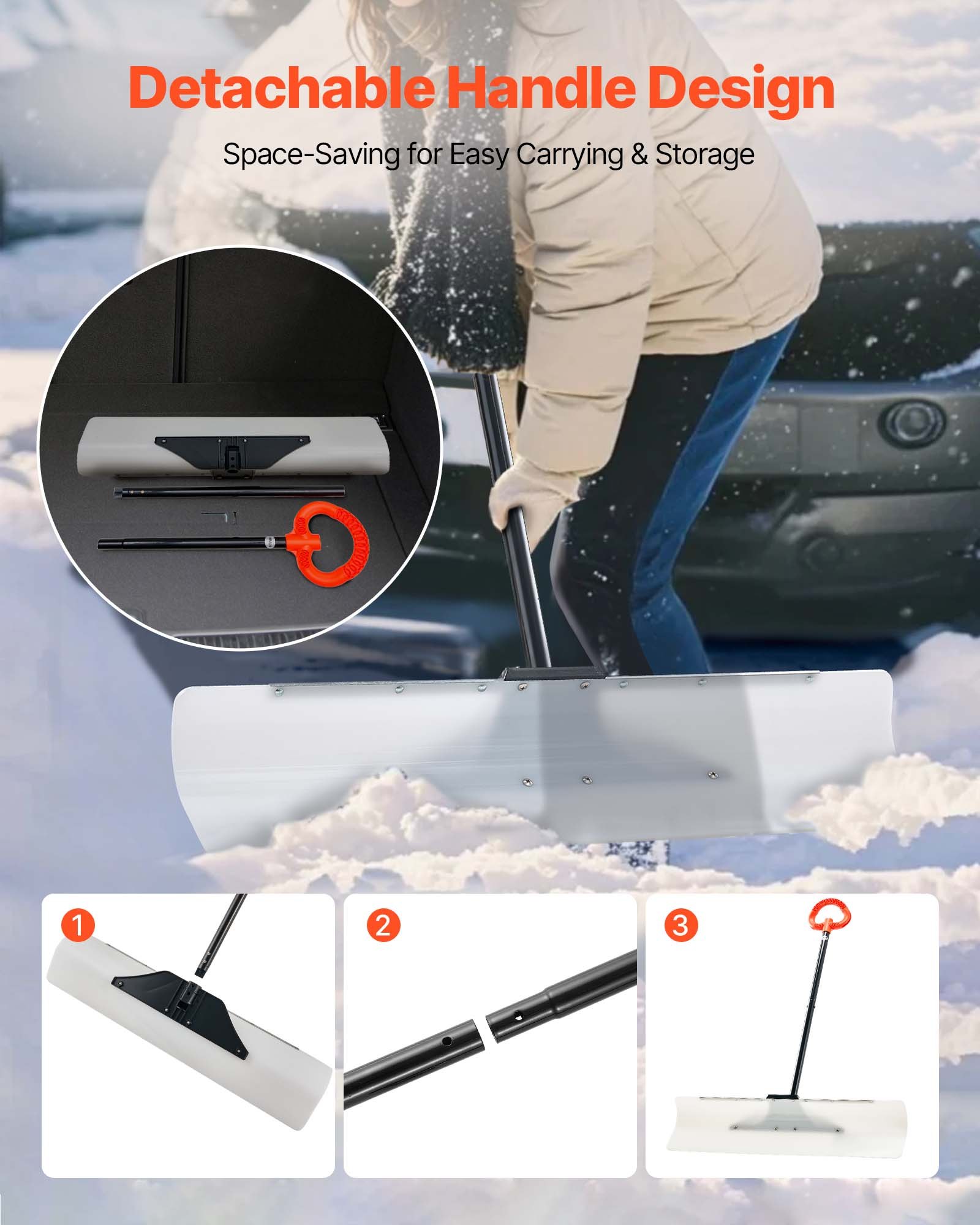 VEVOR Snow Pusher Shovel, 91.5 cm Outdoor Snowplow Shovel with Ergonomic Grip, HDPE Plastic Blade, Winter Shovels with Segmented Handle, Metal Edged Strip, Portable Snow Removal Tool for Driveway Garden