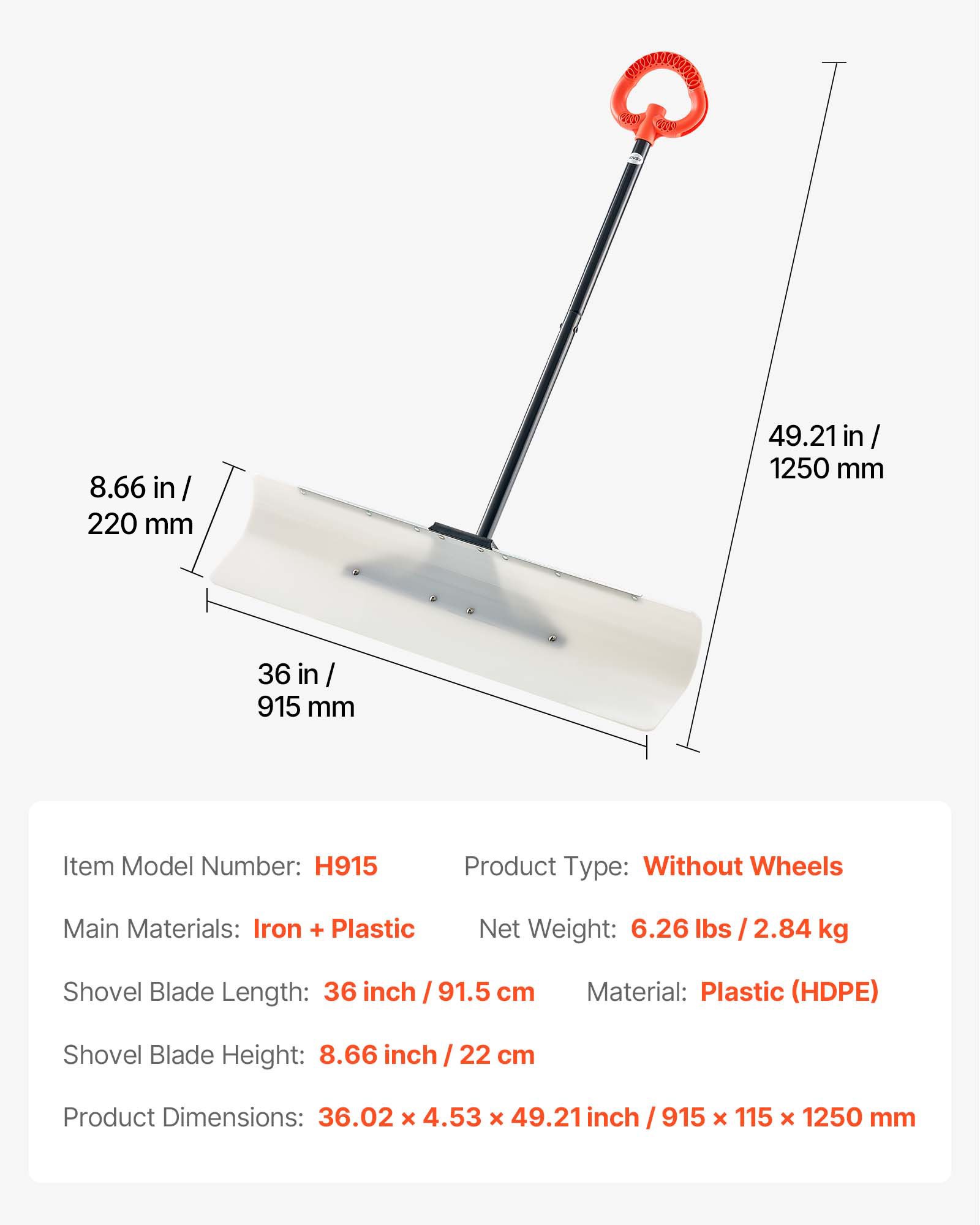 VEVOR Snow Pusher Shovel, 91.5 cm Outdoor Snowplow Shovel with Ergonomic Grip, HDPE Plastic Blade, Winter Shovels with Segmented Handle, Metal Edged Strip, Portable Snow Removal Tool for Driveway Garden