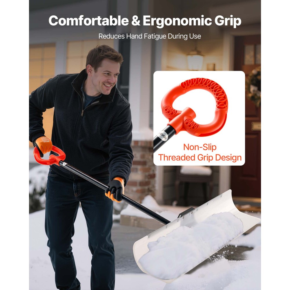 VEVOR Snow Pusher Shovel, 48 in Outdoor Snowplow Shovel with Ergonomic Grip, HDPE Plastic Blade, Winter Shovels with Segmented Handle, Metal Edged Strip, Portable Snow Removal Tool for Driveway Garden