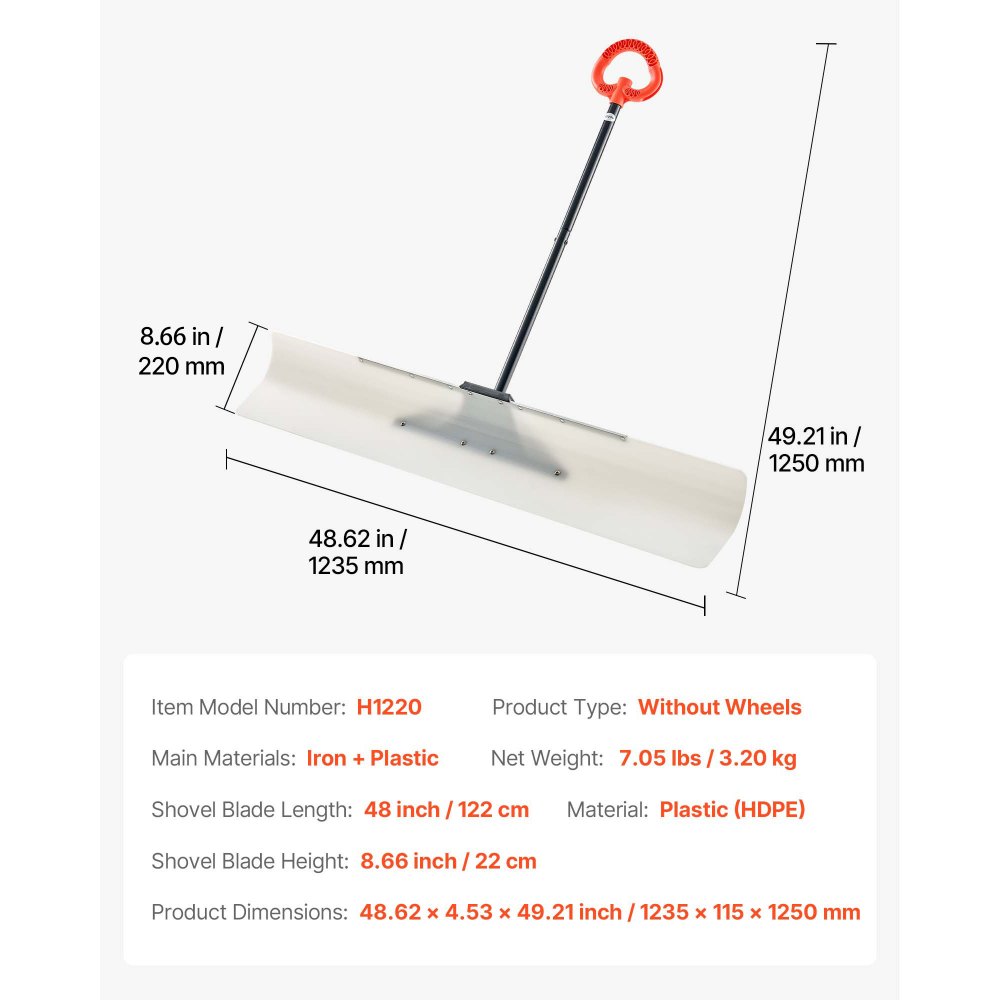 VEVOR Snow Pusher Shovel, 48 in Outdoor Snowplow Shovel with Ergonomic Grip, HDPE Plastic Blade, Winter Shovels with Segmented Handle, Metal Edged Strip, Portable Snow Removal Tool for Driveway Garden
