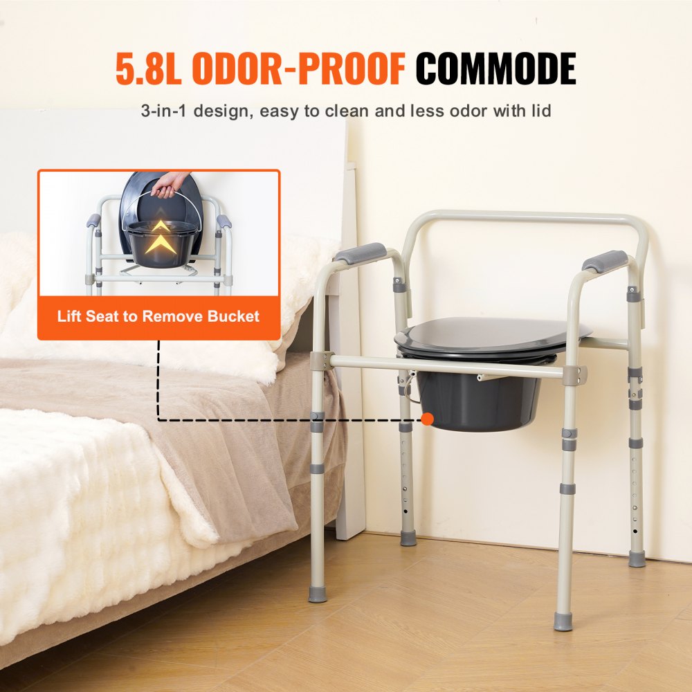VEVOR commode chair with 5.8l odor-proof bucket and easy lift seat, placed beside a bed.