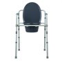 VEVOR commode chair with adjustable metal frame and dark seat, featuring a removable waste bucket.