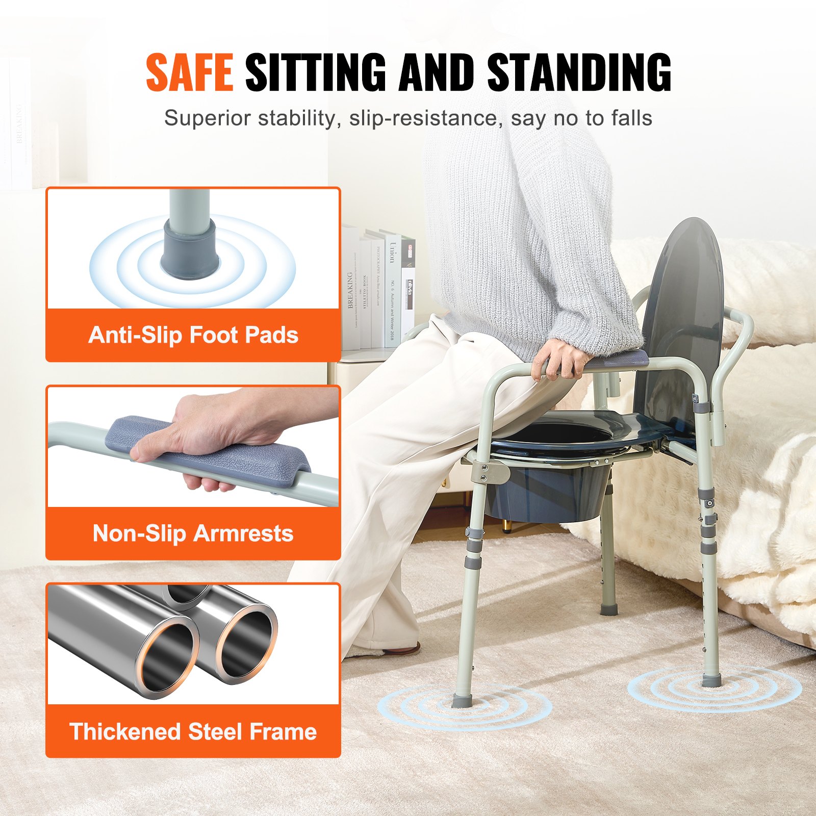 VEVOR commode chair with non-slip armrests, anti-slip foot pads, and thickened steel frame for safe sitting.
