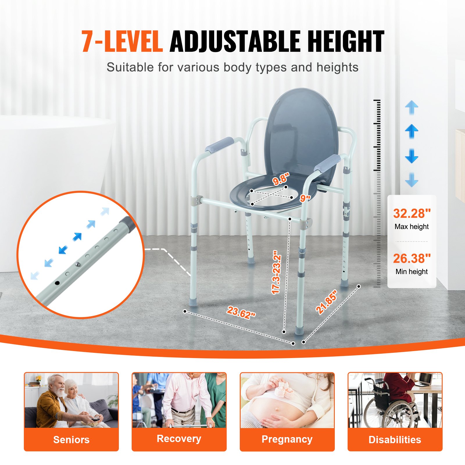 VEVOR commode chair with 7-level adjustable height, suitable for seniors, recovery, pregnancy, and disabilities.