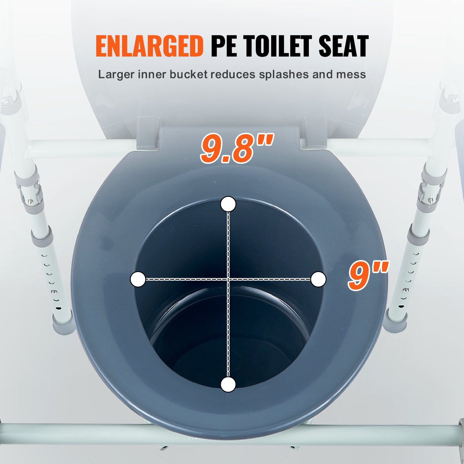 VEVOR commode chair with enlarged pe toilet seat measuring 9.8&quot; x 9&quot;, reduces splashes and mess.