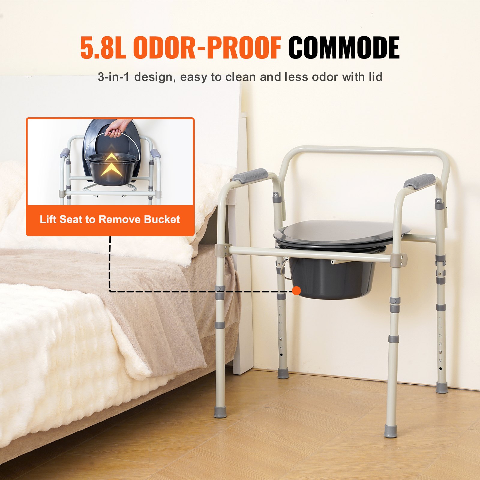VEVOR commode chair with 5.8l odor-proof bucket and easy lift seat, placed beside a bed.