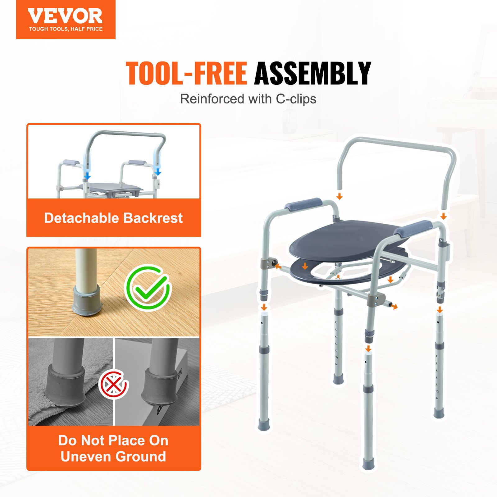 VEVOR commode chair with detachable backrest, tool-free assembly, reinforced with c-clips, use on flat surface.