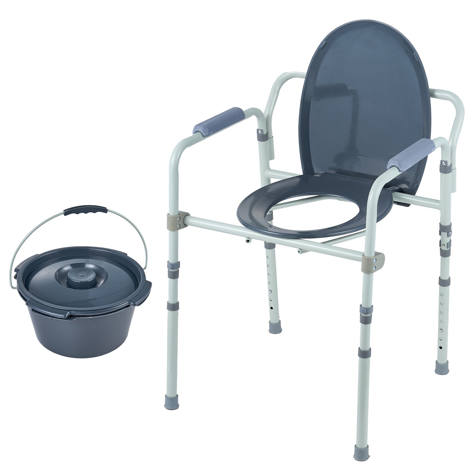 VEVOR commode chair with adjustable legs and removable bucket, featuring cushioned armrests.